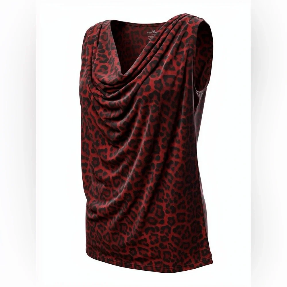 Michael Kors Red Black Animal Print tank top cowl neck SMALL gold bar sleeveless - Picture 16 of 16